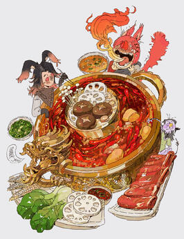 Yueling and Raha sharing a hotpot - made by icicleteeth (https://ko-fi.com/icicleteeth)